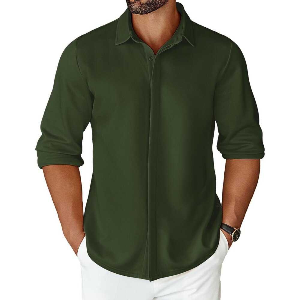 Mens Green Long Sleeve Wrinkle Free Shirt Casual Button Down Shirt Dress